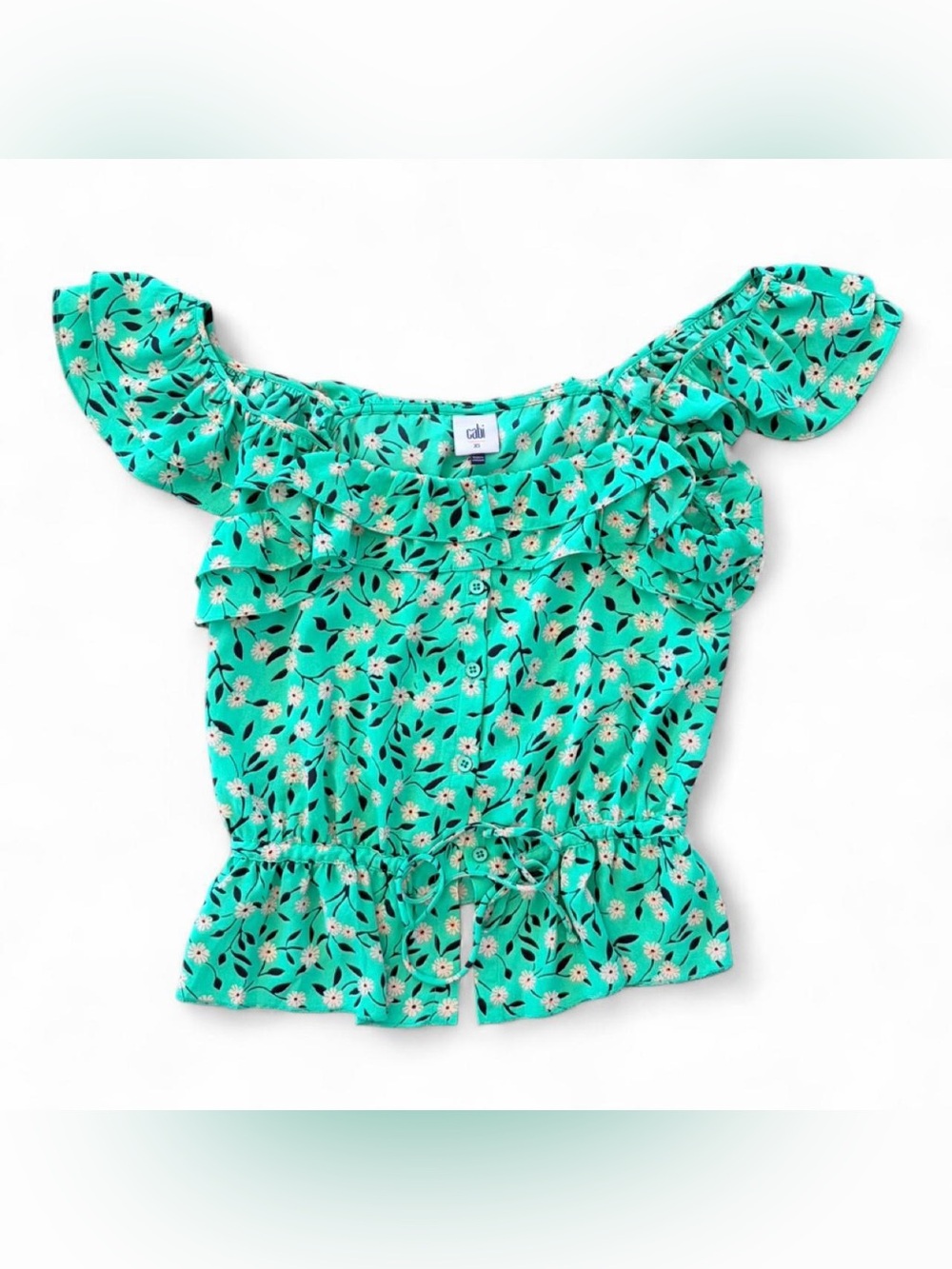 CAbi Turquoise Floral Off-Shoulder Ruffle Top